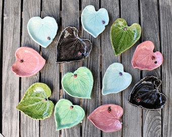 Colorful Heart shaped Forget-Me-Not leaf imprinted and Ladybug Utility Dish