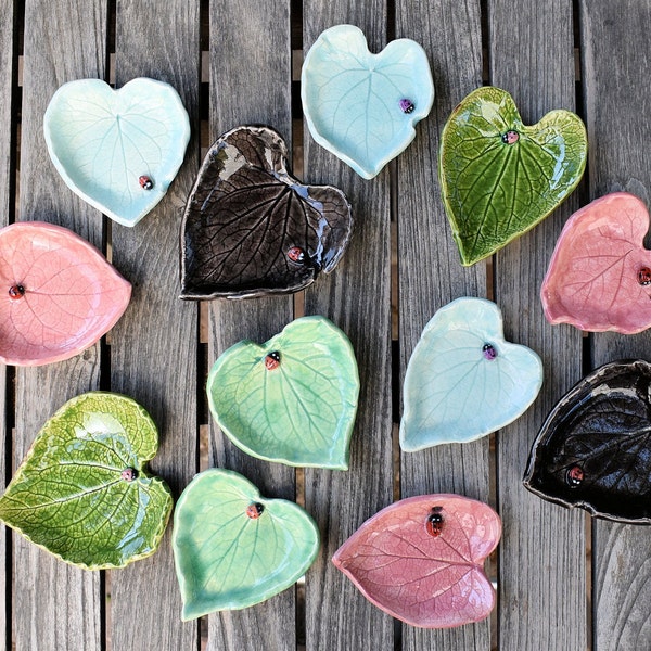 Colorful Heart shaped Forget-Me-Not leaf imprinted and Ladybug Utility Dish