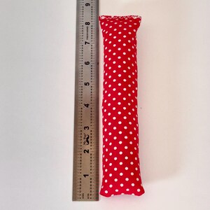 May include: A red, rectangular cat toy with white polka dots, approximately 8 inches long. The toy is made of fabric and has a stuffed appearance. A metal ruler is next to the toy.
