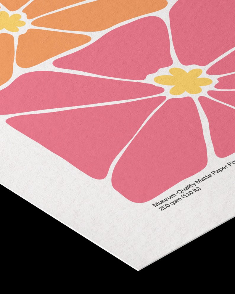 May include: A matte paper poster featuring large stylized flowers in shades of pink, orange, and yellow. The print includes the text Museum-Quality Matte Paper Poster 250 gsm (110 lb) printed in the corner on a white background with a textured finish.