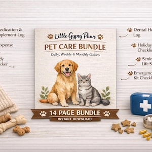 May include: A pet care bundle with a watercolor illustration of a golden retriever and a gray tabby cat. The bundle includes a medication log, expense tracker, and weight tracker. Other items include a comb, dog treats, and a first aid kit.