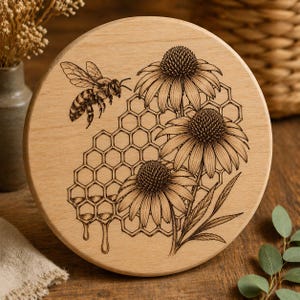 May include: A round wooden coaster with a detailed engraved design. The design features a bee, honeycomb, and three coneflower blossoms. The coaster is made of light-colored wood and has a natural finish. The bee is in flight, approaching the honeycomb.