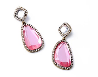 Stylish and Elegant Pink Rhinestone Dangle Earrings, Drop Earrings, Dangler Earrings, Pink Earrings, Premium Quality Earrings, Gift for her