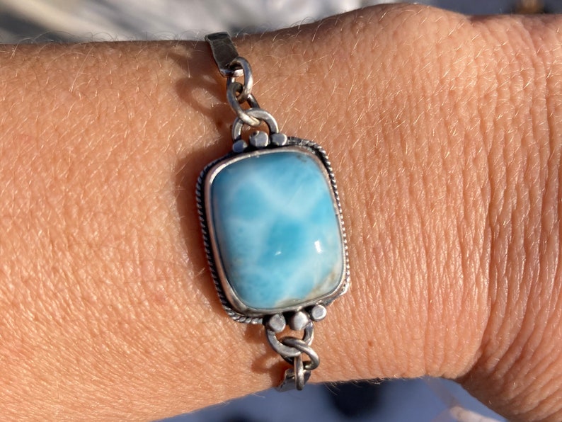 Blue Free Shipping Stone Chain Handmade Lapidary Cabochon Sterling Silver Larimar Bracelet