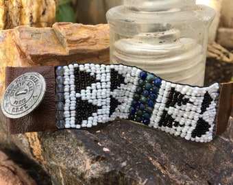 Azurite Hand Loomed Cuff Bracelet, Black Seed Beads In Triangle's, Soft Leather Cuff, Free Shipping