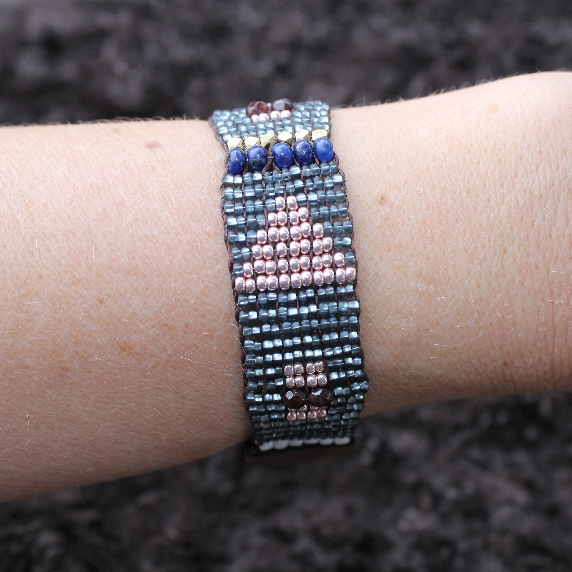 Hand Loomed Leather Cuff Beaded Bracelet Matte Black Diamond Etsy UK