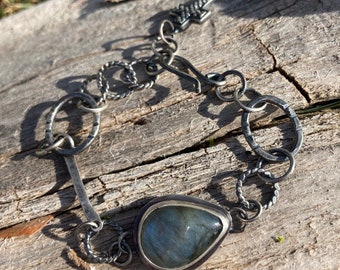Sterling Silver Labradorite Bracelet, Chain, Cabochon, Strengthening Stone, Blue, Thai Silver Cross, Handmade, Free Shipping
