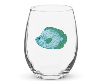 Tripletail Watercolor Fish Stemless Wine Glass, Coastal Barware, Nautical Angler Gift