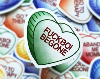 Fuckboi Begone Sour Conversation Heart Sticker- Mean Candy Heart Vinyl Sticker, Anti Valentines Day Sticker, Green Heart Sticker