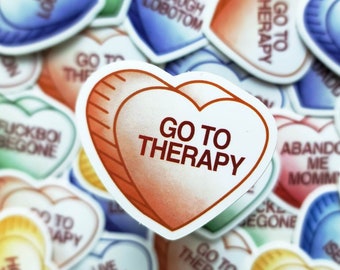 Go to Therapy Sour Conversation Hearts Sticker, Mean Candy Heart Vinyl Sticker, Orange Heart Sticker, Rude Candy Heart
