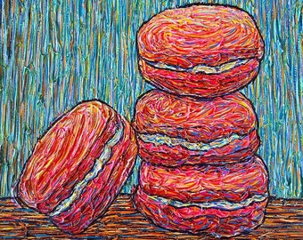 Lil Treat- Pink Macarons Still Life Impressionist Acrylic Painting Van Gogh Desert Canvas Fine Art