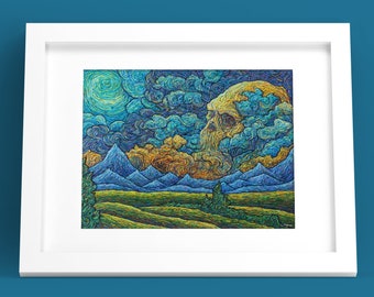 The Incoming Storm- Impressionist Skull Cloud Stormy Van Gogh Blue Yellow Painting Print Poster