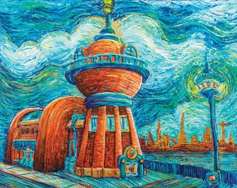 Good News Everyone- Planet Express Inspired Van Gogh Impressionist Landscape Painting Print