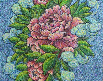 Pink Peonies- Impressionist Pink Floral Van Gogh Painting PRINT