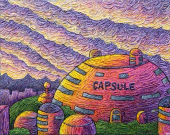 Sunset Over Capsule Corp- Impressionist Anime Inspired Landscape Acrylic Painting Van Gogh Canvas Original