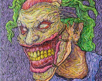 Joker In the Flesh- Impressionism Clown Prince of Crime Painting, Van Gogh Batman Inspired Acrylic Artwork on Canvas