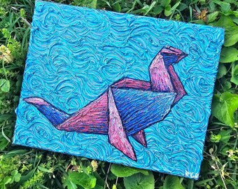 Origami Seal Still Life- Impressionist Take on Japanese Paper Folding Art, Van Gogh Seal Origami Painting OOAK Original Pink Blue Acrylic