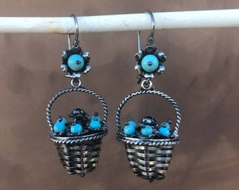Oaxaca Earrings ~ Turquoise Filigree Oxidized Sterling Silver Baskets