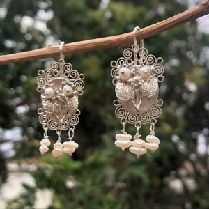 Oaxaca Sterling Silver Drop Filigree Earrings With Flower Leafs & Pearls