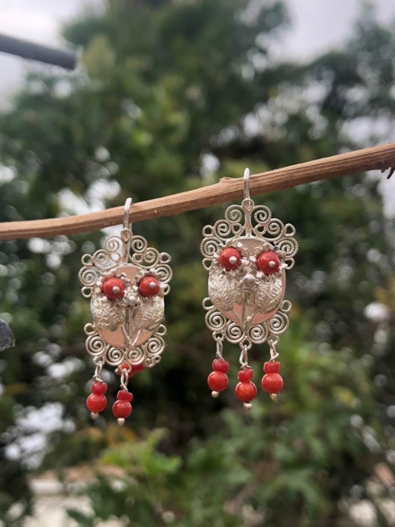 Oaxaca Drop Earrings - Filigree Sterling Silver with Fringe Red Beads