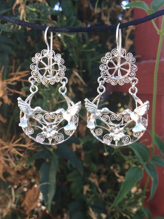 925 Sterling Silver Artisan Filigree Dangle Bird Earrings