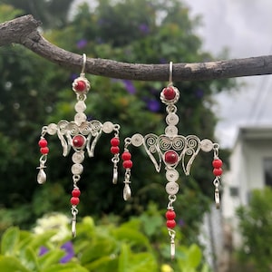 Yalalag Oaxaca Mexican Cross Earrings ~  Chandelier  Sterling Silver With Red Stones Oaxaca Mexico
