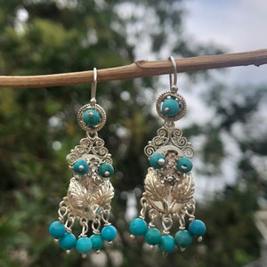 Aretes colgantes Oaxaca - Filigrana de plata esterlina con flecos de cuentas azules
