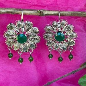 Pendientes colgantes de flor de filigrana de plata de ley