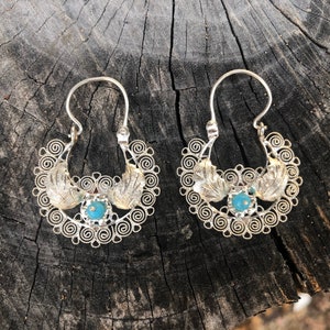Oaxaca Mexican Arracadas Hoop Earrings ~ Sterling Silver Filigree with Turquoise Color Stones