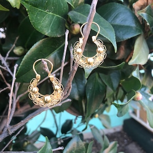 Small Mexican Colonial Hoops Arracadas ~ Gold Plate Sterling Silver Filigree Earrings