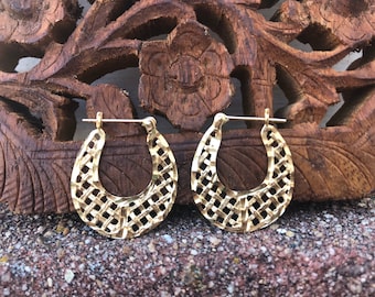 14k Gold Diamond Cut Earrings - Vintage Hoop Arracadas Woven Pattern