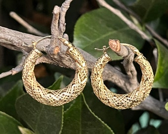 14K Yellow Gold Diamond Cut Mesh Hoop Earrings