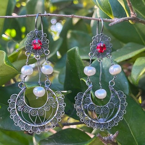 Oaxaca Mexican Earrings ~  Drop Filigree Oxidized Sterling Silver w/ Pearl & Red Stone