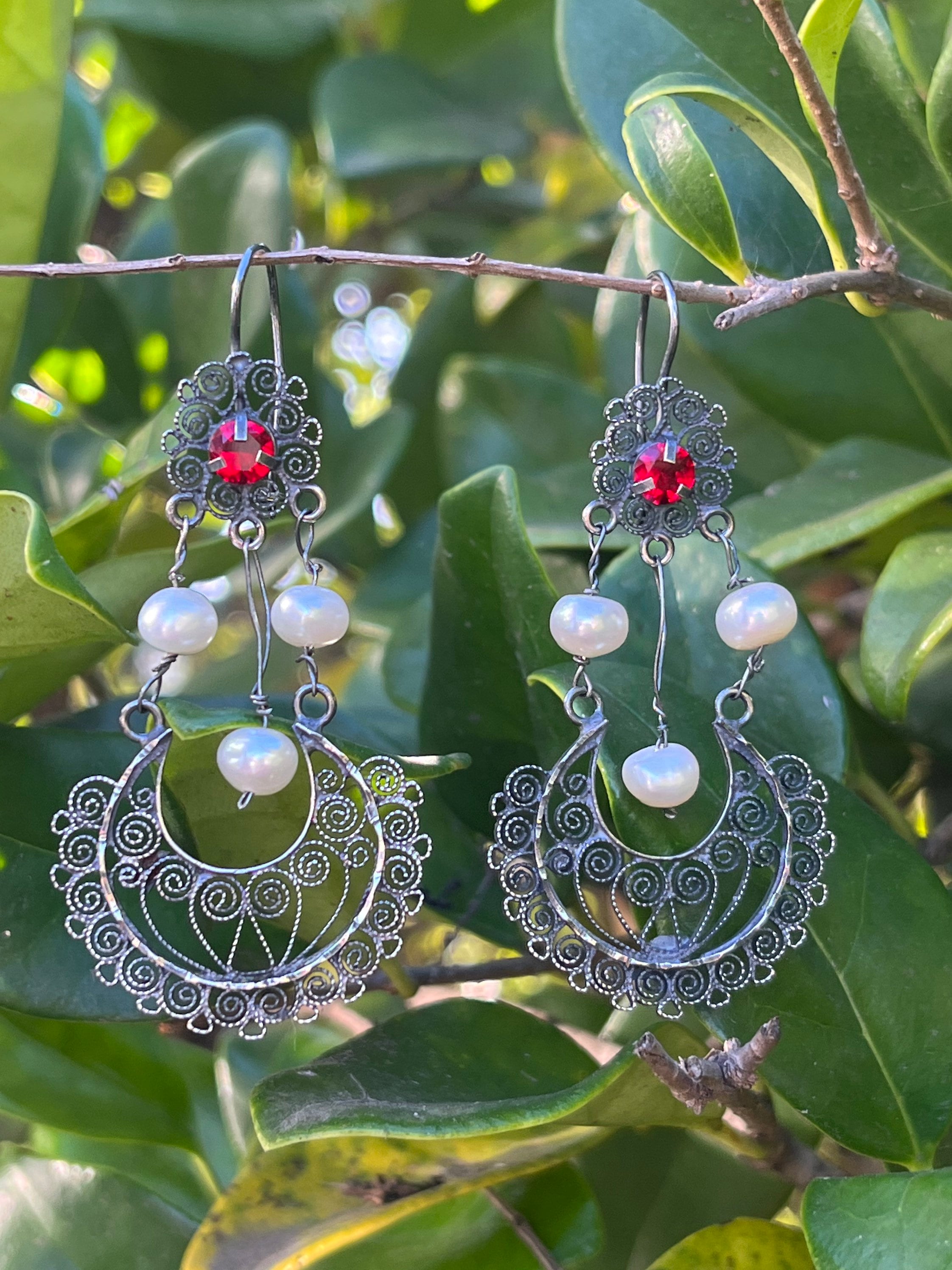 Oaxaca Mexican Earrings ~ Drop Filigree Oxidized Sterling Silver W