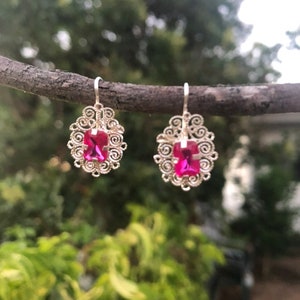 Oaxaca Mexican Filigree Small Earrings -Sterling Silver and Red Stone