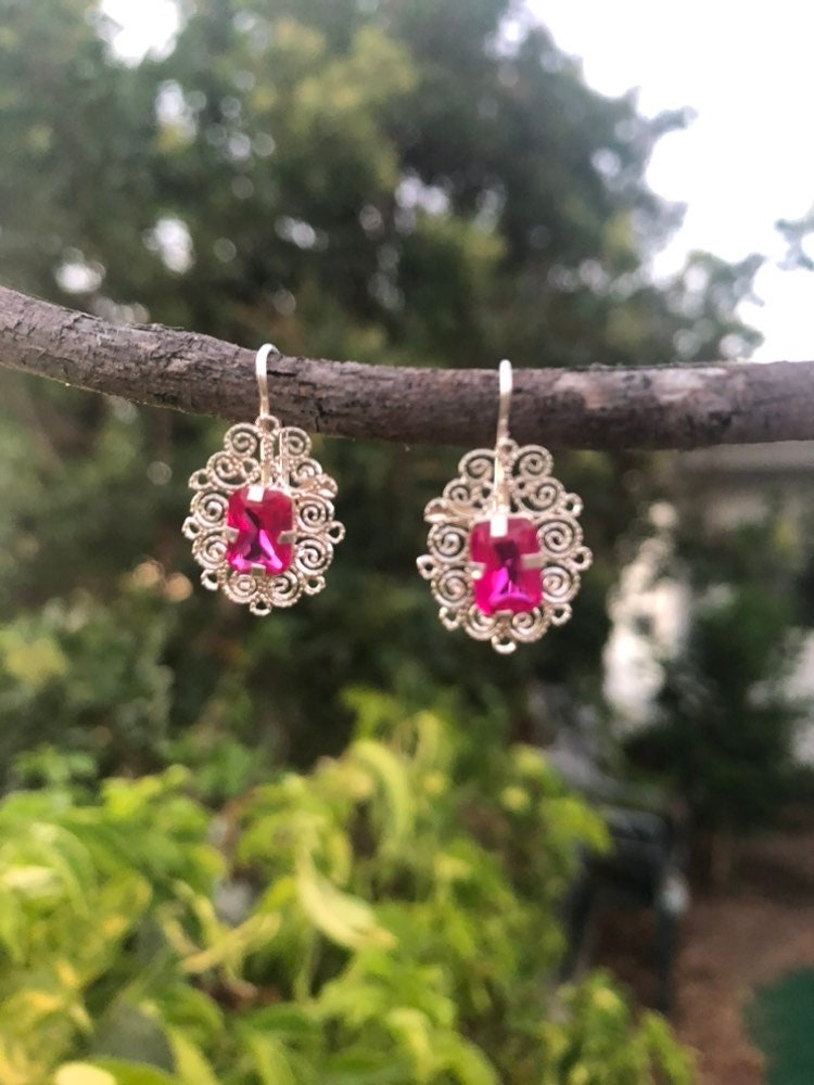 Oaxaca Mexican Filigree Small Earrings -Sterling Silver and Red Stone