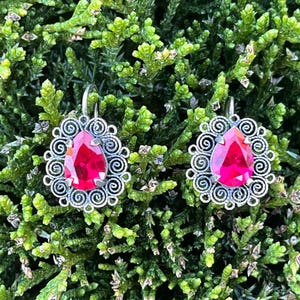 Oaxaca Mexican Filigree Small Earrings - Oxidized Sterling Silver and Red Stone
