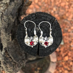 Aretes Mexicanos Oaxaca ~ Arracadas Niña Filigrana Plata Esterlina con Piedra Roja