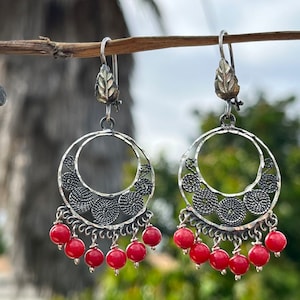 Oaxaca Frida Style Oxidized Sterling Silver Filigree Drop Earrings with Red Beads