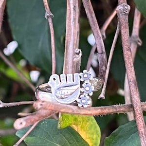 Sterling Silver Cocktail Ring Bird Shape, “Flower Bird” Size 6 & Adjustable