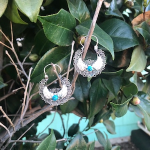 Oaxaca Mexican Arracadas Hoop Earrings ~ Oxidized Sterling Silver with Turquoise Color Stones