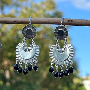 Mexican Frida Filigree Earrings ~ Chandelier Sterling Silver with Black Beads