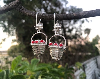 Oaxaca Earrings ~ Coral Filigree Sterling Silver Baskets