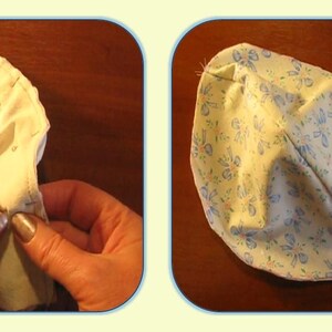 May include: Two images showing the process of sewing a fabric hat. The first image shows a hand holding a white fabric hat with a floral pattern. The second image shows the completed hat, which is white with a blue floral pattern.
