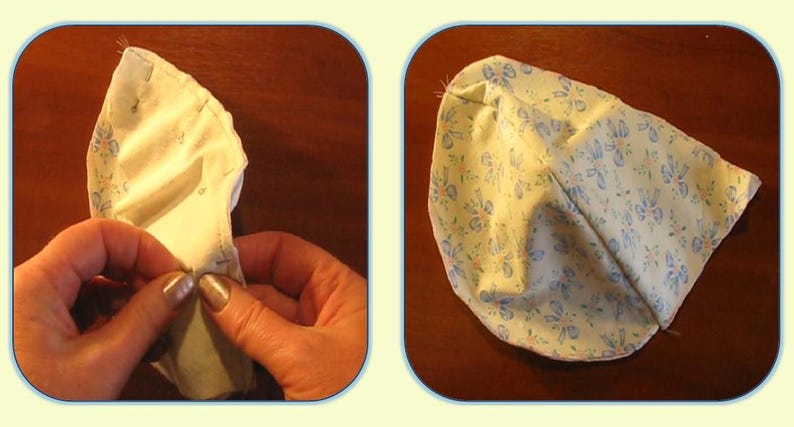 May include: Two images showing the process of sewing a fabric hat. The first image shows a hand holding a white fabric hat with a floral pattern. The second image shows the completed hat, which is white with a blue floral pattern.