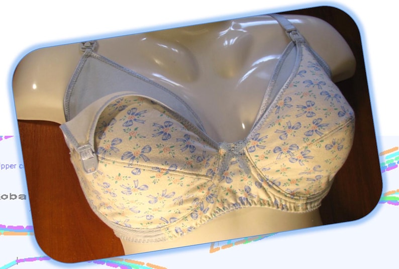 May include: A white and blue floral print nursing bra with a light blue fabric panel on the cups.