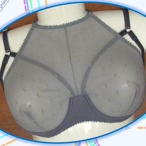 Peut inclure: Soutien-gorge gris avec un design à col montant et des bretelles réglables. Le soutien-gorge présente un voile transparent avec de petits pois et un dessous de poitrine gris uni. Le soutien-gorge est présenté sur un mannequin.