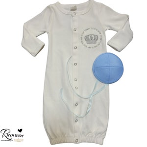 Brit Milah Button Down Gown/Romper with Birkat Hakohanim & Light Blue Linen Baby Kippah  | Brit Milah Outfit
