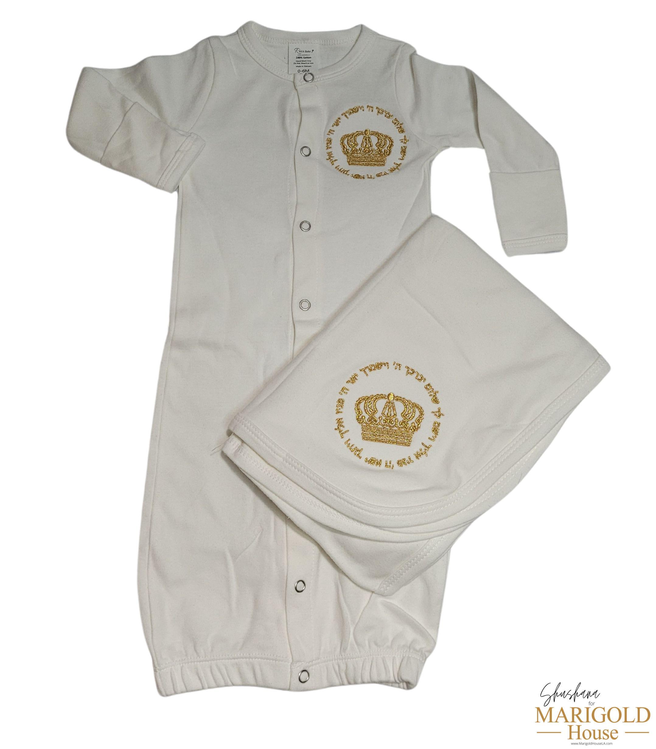 Birkat Kohanim in Gold Baby Take Home & Brit Milah Outfit Set Baby gown Swaddle blanket 100% Cotton