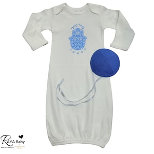 Baby Boy Blue Hamsa Brit Milah Gown & Navy Linen Baby Kippah | Bris Outfit